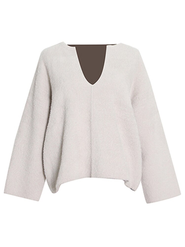 Solid Minimslist Pullover Sweater for Women V Neck Long Sleeve Straight Kintting Sweaters Female Clothing Fashion New - Image 5