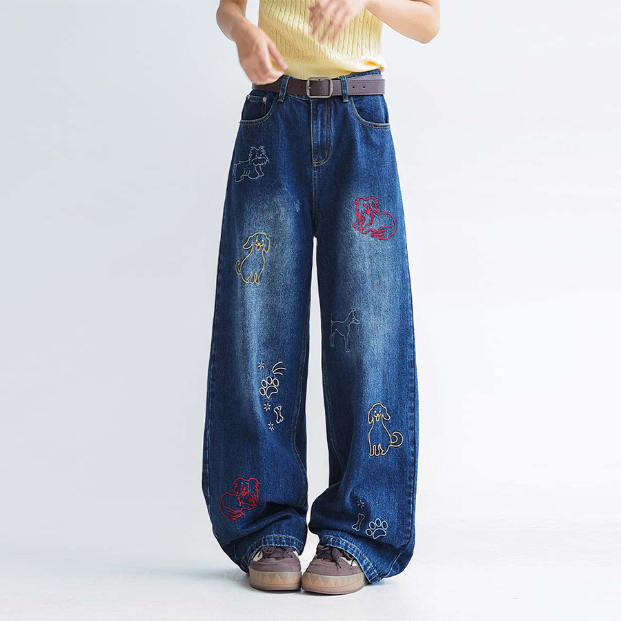 Dog Embroidered Wide Leg Jeans - Image 3