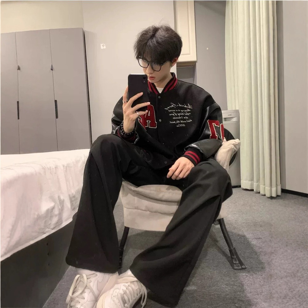 Streetwear Vintage Letter Baseball Jacket Patchwork Leather Sleeve Jacket with Embroidery Couple Style Autumn and Winter New Fashion Brand Coat - Image 3