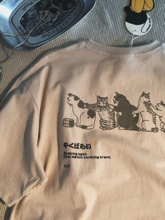 Japanese style fresh cartoon cat print short sleeved T-shirt, summer men and women loose fitting trend fashion versatile half sl