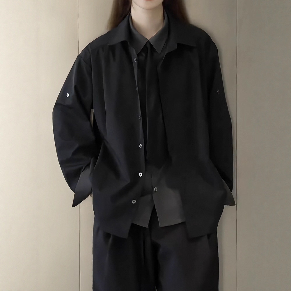 Faux Two-Piece Black Shirt Jacket Unisex Autumn New Style Unique High-End Shirt with Tie Suit Top - Image 2