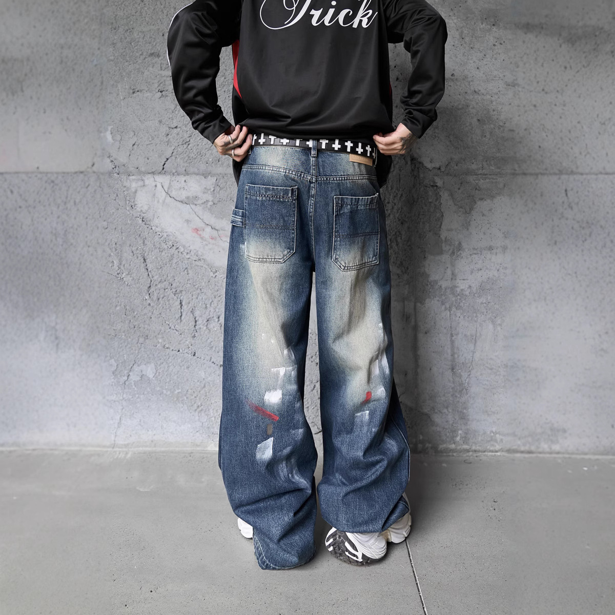 Hip-hop Style Dyed Graffiti Denim Pants for Men and Women, High Street Fashion, Straight Leg, Loose Fit, Casual Long Pants - Image 3