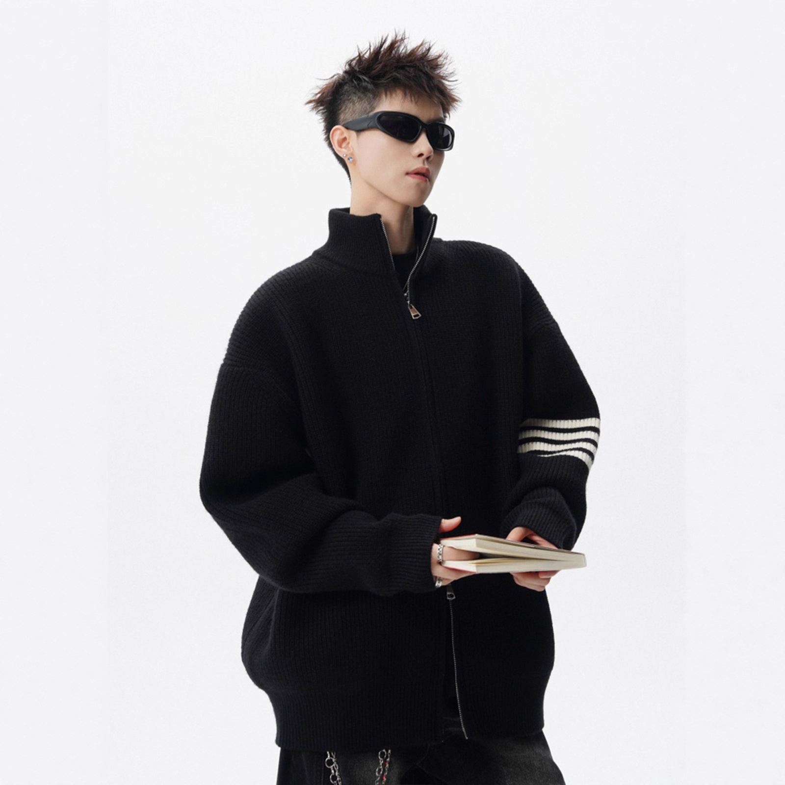 Style Stand Collar Open Front Knit Sweater Men's Winter Fashion Trendy Stripe Knitted Cardigan High Street Casual Loose Fit Couple Outerwear - Image 3
