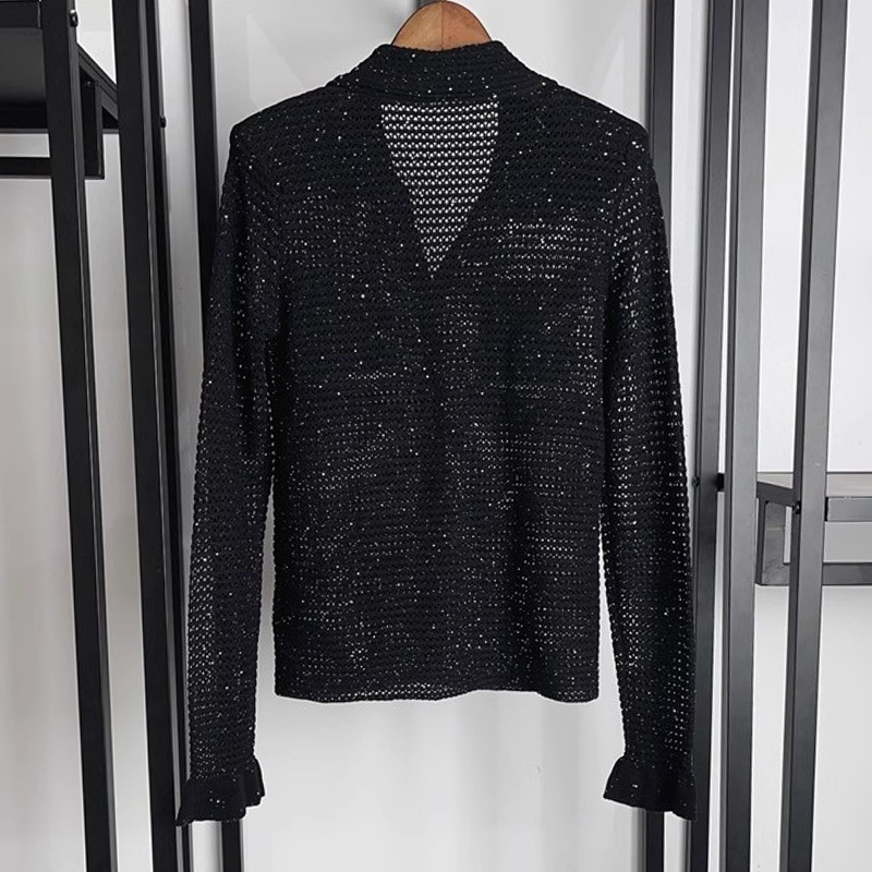 Women's sequin knitted sweater with a turned-down collar ruffled sleeves long sleeves - Image 3