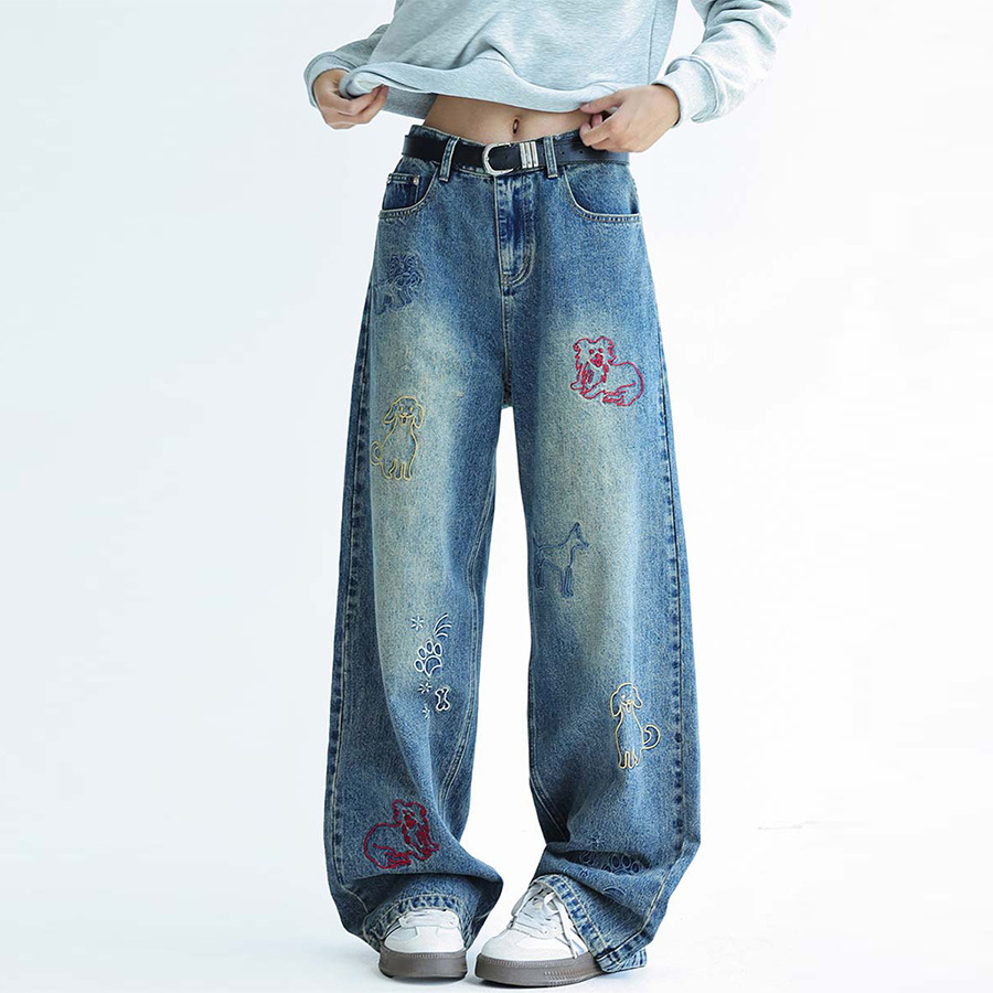 Dog Embroidered Wide Leg Jeans - Image 4