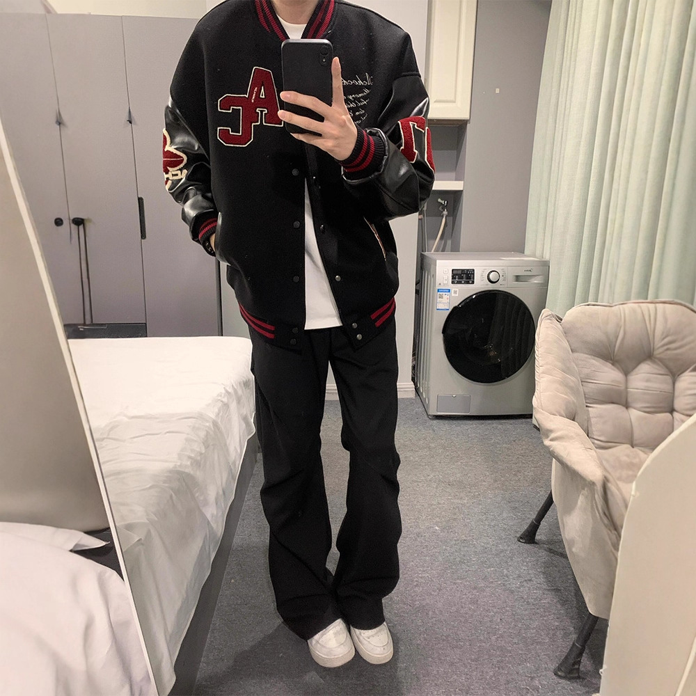 Streetwear Vintage Letter Baseball Jacket Patchwork Leather Sleeve Jacket with Embroidery Couple Style Autumn and Winter New Fashion Brand Coat - Image 2