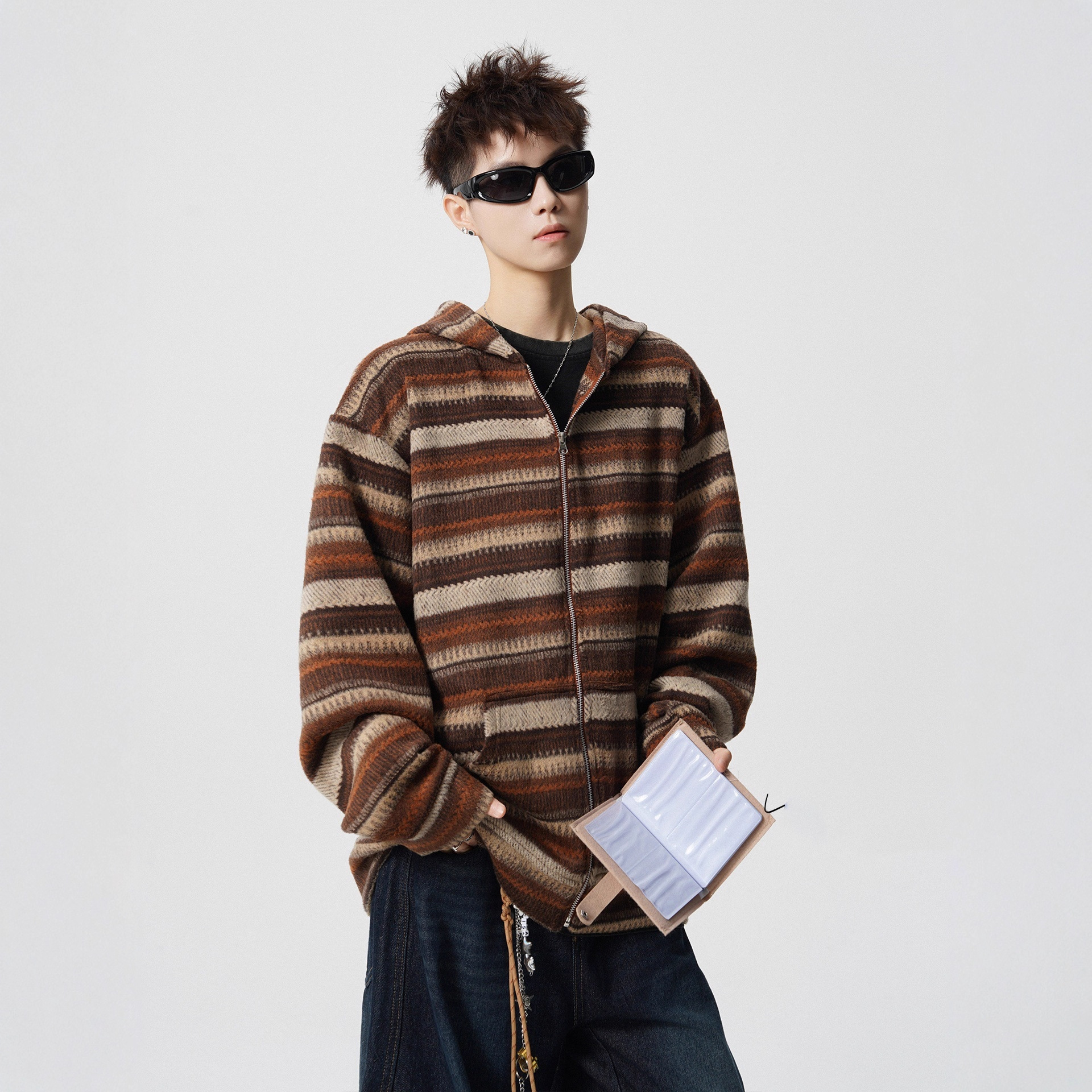 Brown Vintage Stripe Spliced Hoodie Unisex Autumn Winter Fashion Brand Loose Casual Couple Long Sleeve Outerwear - Image 7
