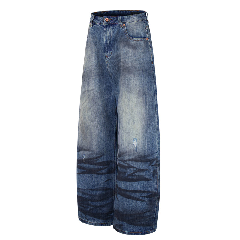 Street Style Vintage Distressed Washed Knife-Edge Denim Pants, Hip-Hop Casual Loose Ripped Straight Leg Jeans - Image 4