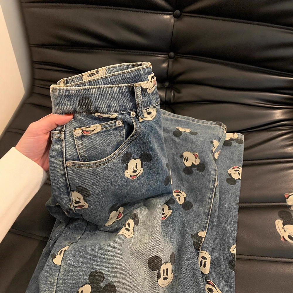 Cute Youthful Vintage Mickey Print High-Waisted Jeans for Men and Women, Loose Straight-Leg Casual Wide-Leg Pants - Image 2