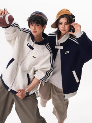 Stripe Spliced Sports Jacket for Women and Men Winter Trendy College Style Versatile Outerwear Couple Stand Collar Baseball Jacket