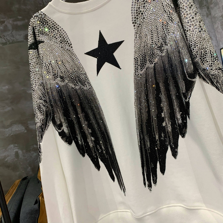 Autumn and winter luxury fashion hoodie for men and women, heavy-duty hot stamping, full diamond, large wings, wings, round neck pullover, couple style - Image 4
