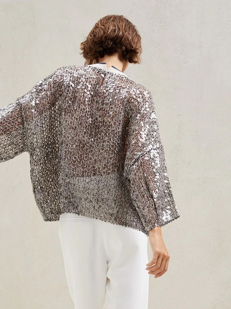 Spring Summer Heavy Fish Scale Sequins Hollow Round Neck Long Sleeve Women's t-shirt Simple Casual top for women - Image 2