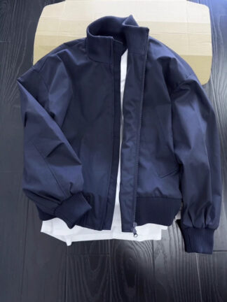 Navy Blue Stand Collar Pilot Jacket Men's Winter Stylish Short Coat Couple High Street Unique Baseball Jacket