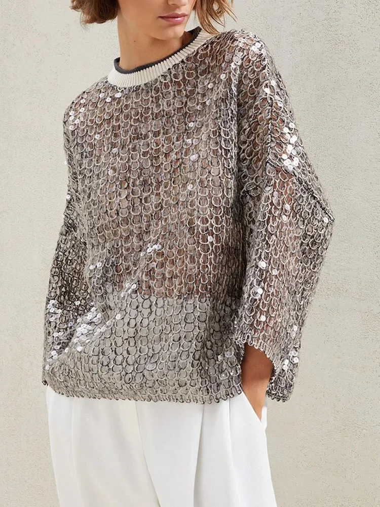 Spring Summer Heavy Fish Scale Sequins Hollow Round Neck Long Sleeve Women's t-shirt Simple Casual top for women - Image 7