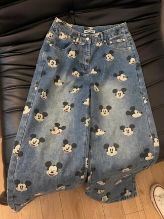 Cute Youthful Vintage Mickey Print High-Waisted Jeans for Men and Women, Loose Straight-Leg Casual Wide-Leg Pants
