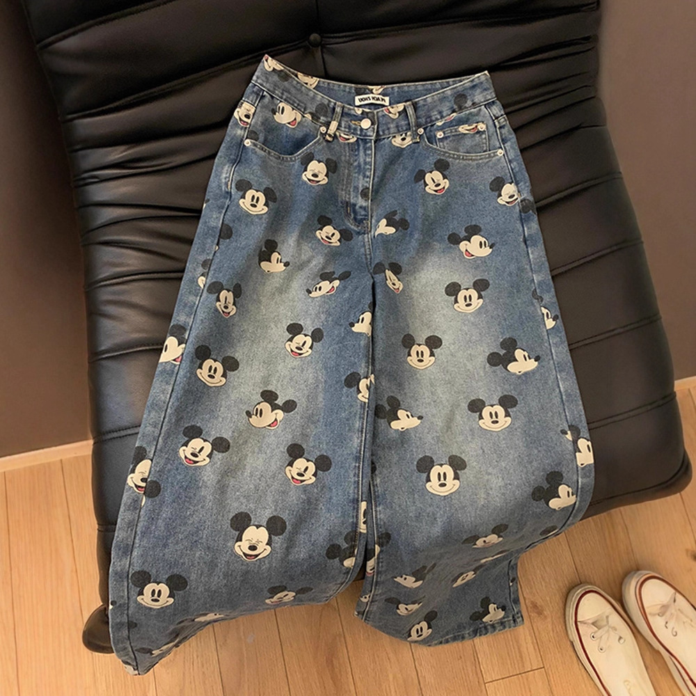 Cute Youthful Vintage Mickey Print High-Waisted Jeans for Men and Women, Loose Straight-Leg Casual Wide-Leg Pants
