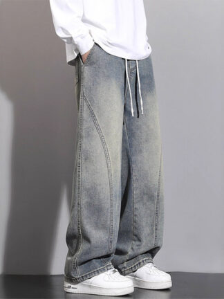 Jeans Men Autumn Winter Loose Straight Leg Pants Vintage Wide Leg Pants Men Youth Asymmetric Deconstruction Trousers
