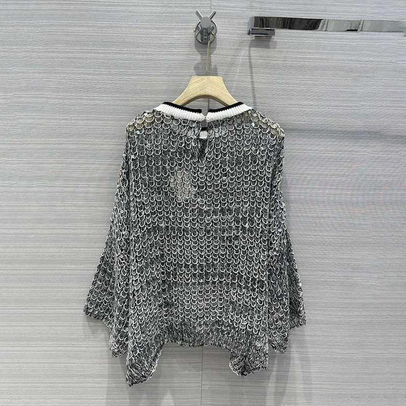 Spring Summer Heavy Fish Scale Sequins Hollow Round Neck Long Sleeve Women's t-shirt Simple Casual top for women - Image 6