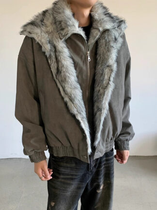 Wolf King Seat Mountain Eagle Cotton Coat Men's Winter Style False Two-Piece Double-Layer Fur Collar Cotton Jacket Lined Thick Short Outerwear