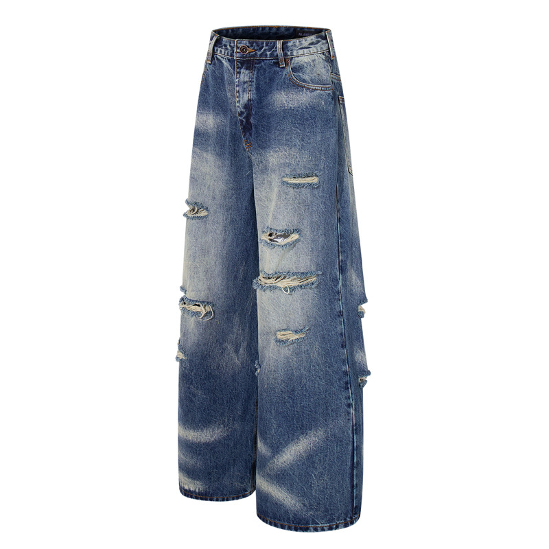 Vintage Personality Design Ripped Streetwear Loose Fit Jeans Men Hip Hop Distressed Wide Leg Long Pants