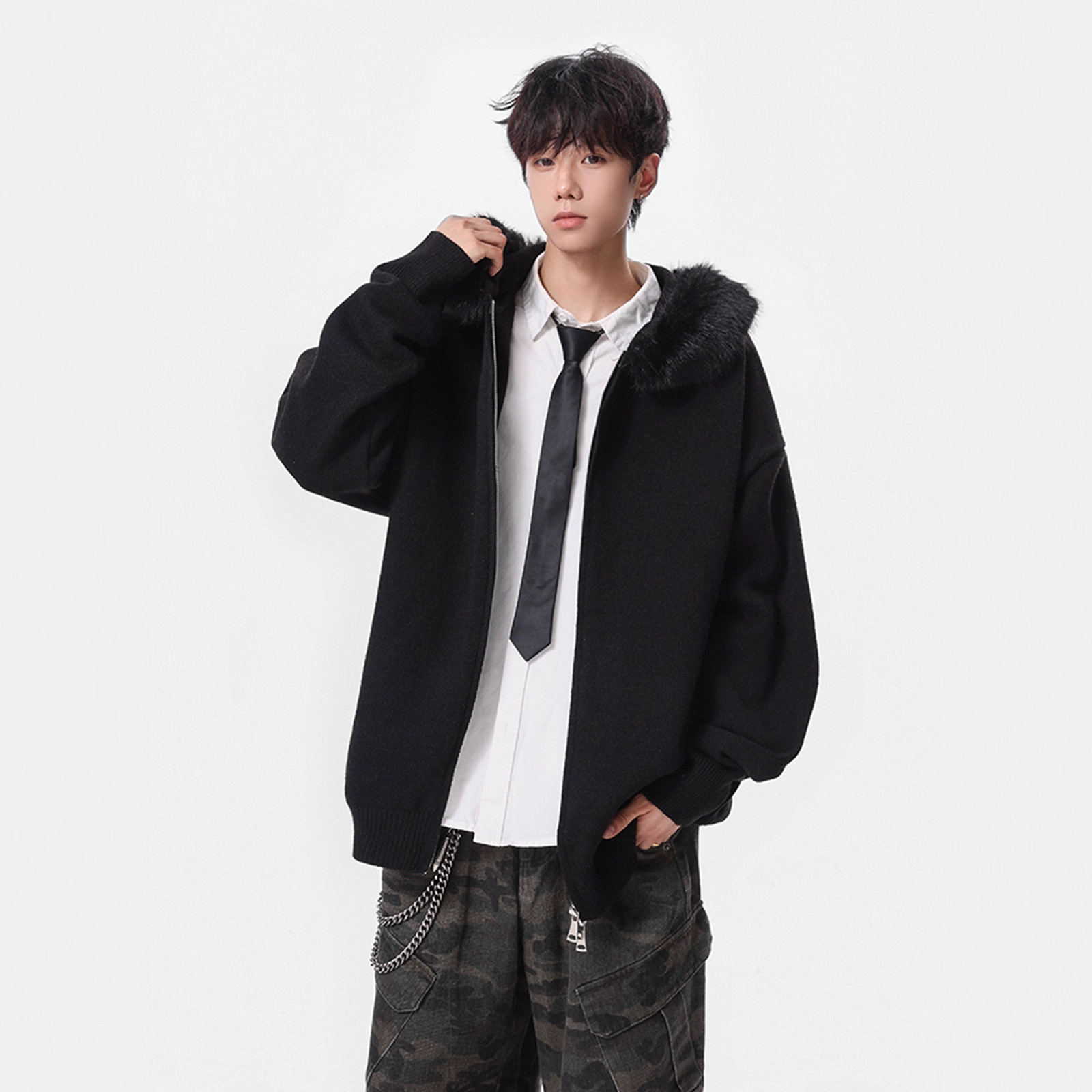 Fashionable Detachable Fur Collar Knit Sweater for Men Winter Double Zipper Open Front Sweater High Street Versatile Couple Jacket - Image 4