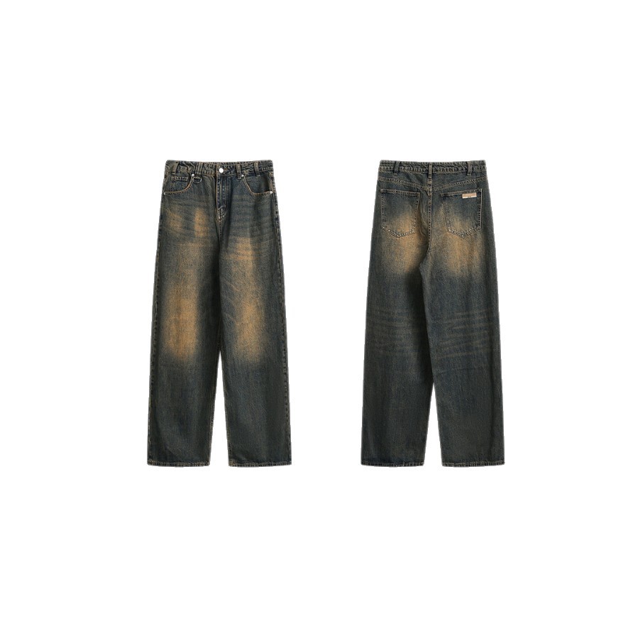Washed Yellow Mud Color Distressed Loose Straight Leg Jeans - Image 5