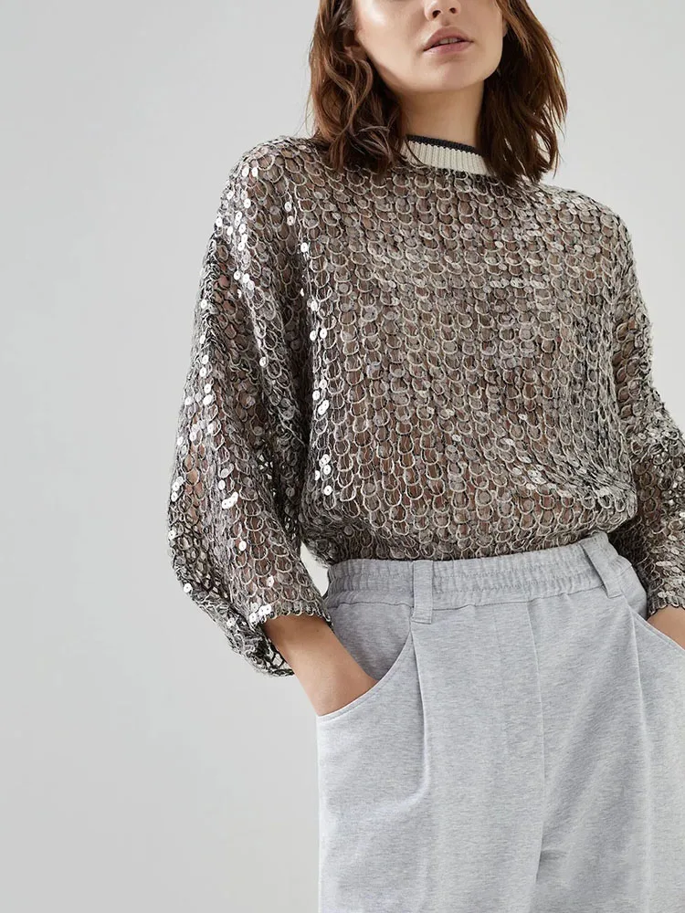 Spring Summer Heavy Fish Scale Sequins Hollow Round Neck Long Sleeve Women's t-shirt Simple Casual top for women - Image 4