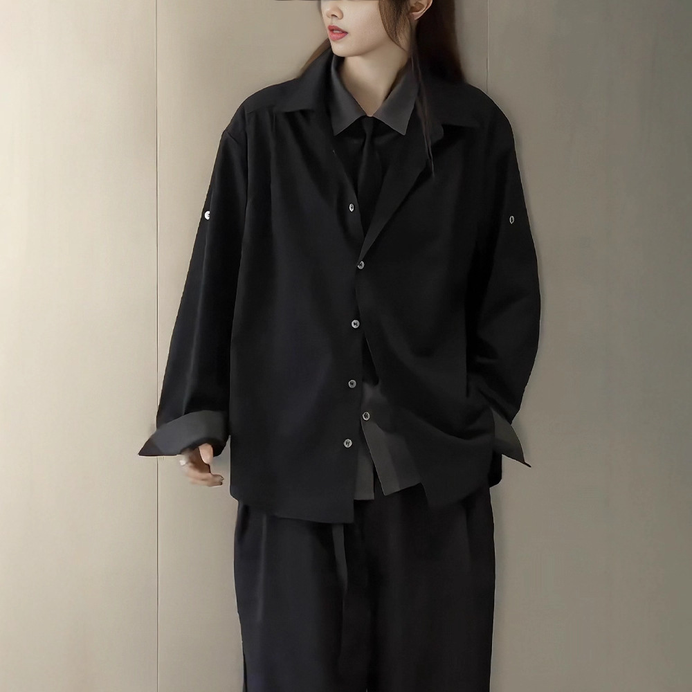 Faux Two-Piece Black Shirt Jacket Unisex Autumn New Style Unique High-End Shirt with Tie Suit Top - Image 5