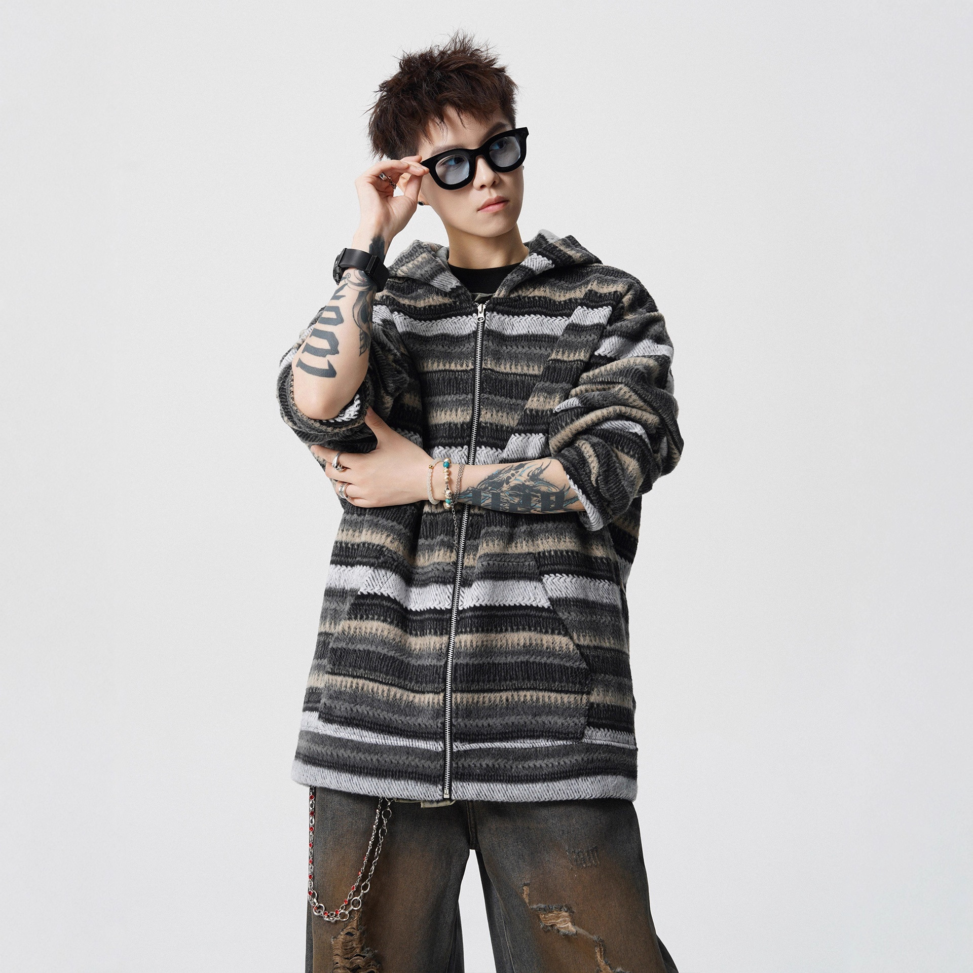 Brown Vintage Stripe Spliced Hoodie Unisex Autumn Winter Fashion Brand Loose Casual Couple Long Sleeve Outerwear - Image 6