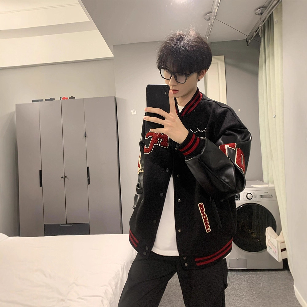 Streetwear Vintage Letter Baseball Jacket Patchwork Leather Sleeve Jacket with Embroidery Couple Style Autumn and Winter New Fashion Brand Coat