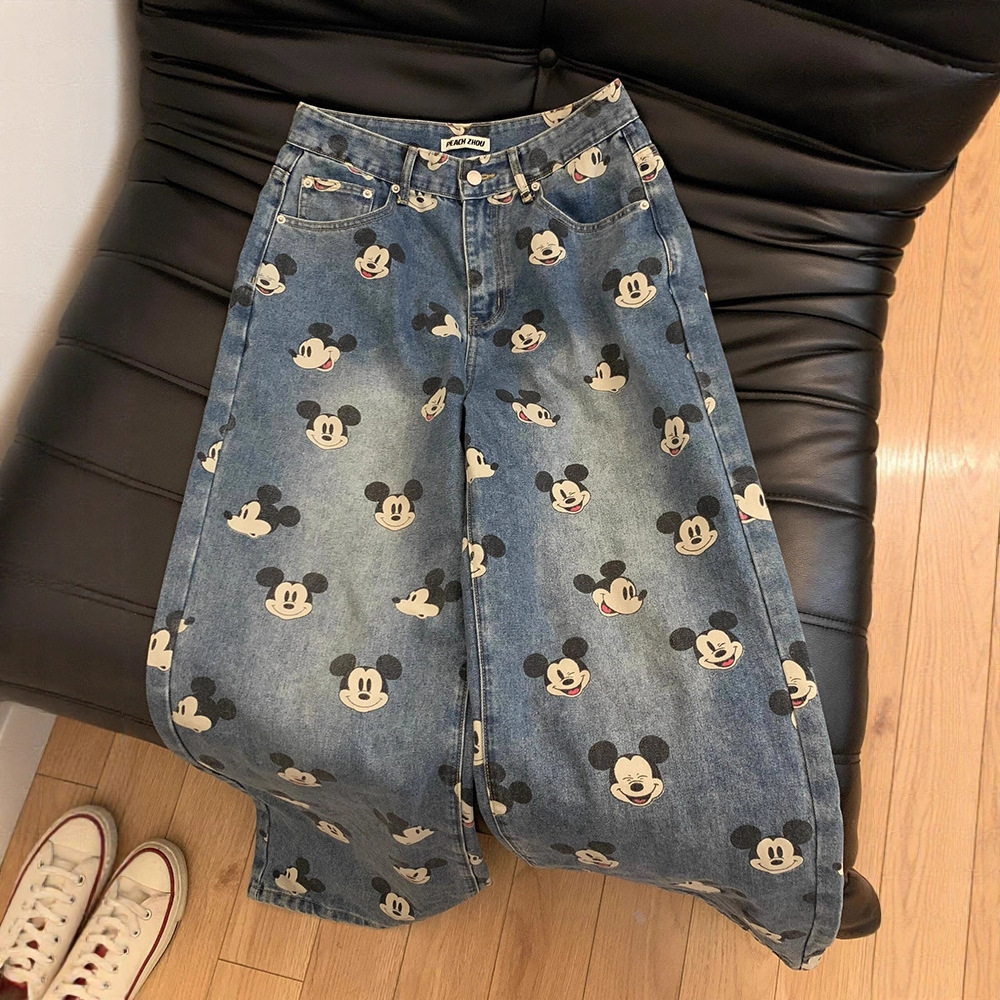 Cute Youthful Vintage Mickey Print High-Waisted Jeans for Men and Women, Loose Straight-Leg Casual Wide-Leg Pants - Image 3
