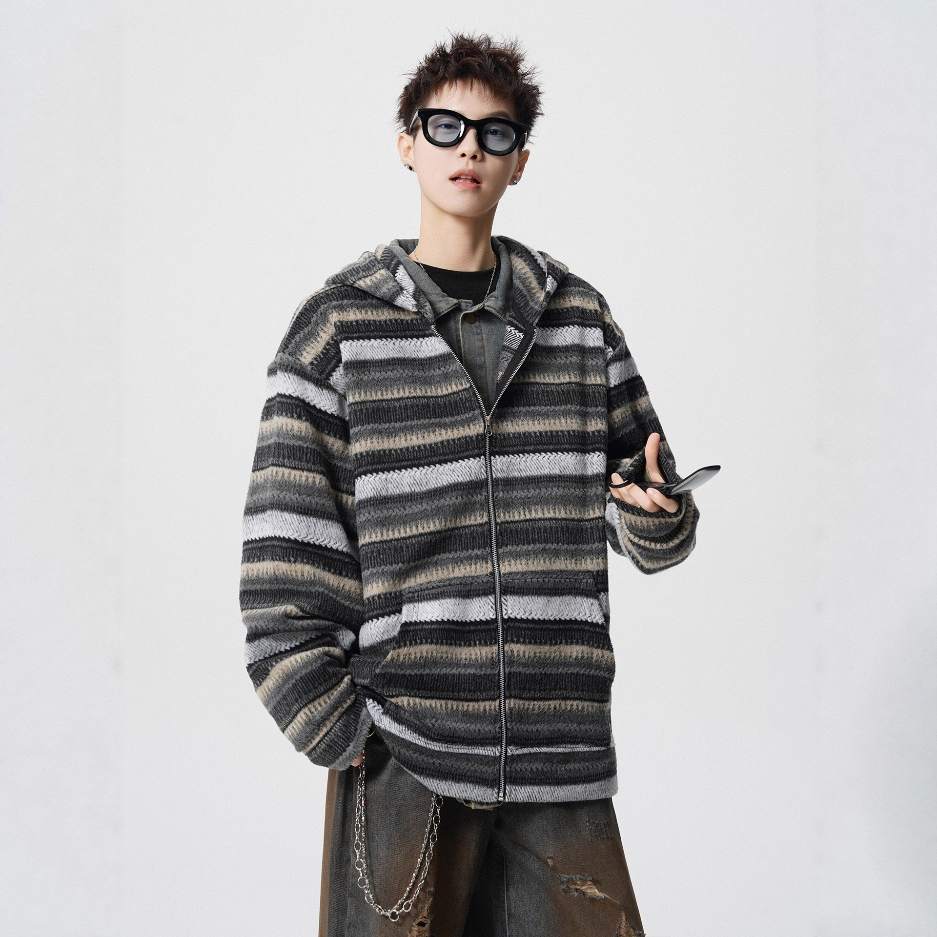 Brown Vintage Stripe Spliced Hoodie Unisex Autumn Winter Fashion Brand Loose Casual Couple Long Sleeve Outerwear - Image 2