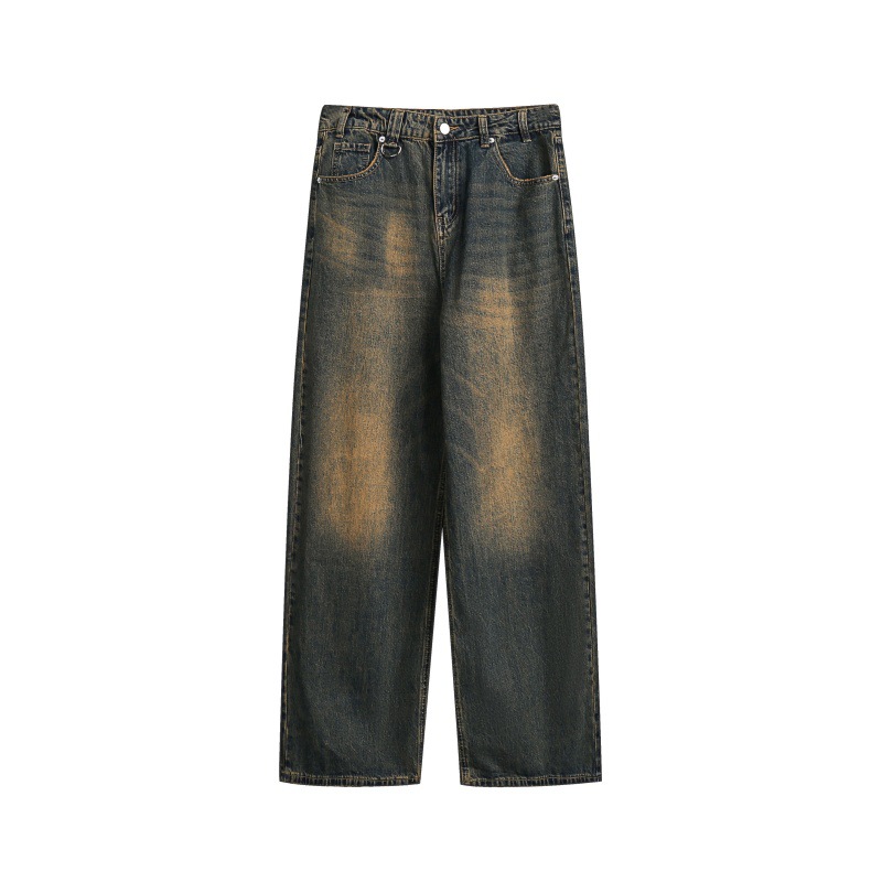 Washed Yellow Mud Color Distressed Loose Straight Leg Jeans - Image 3