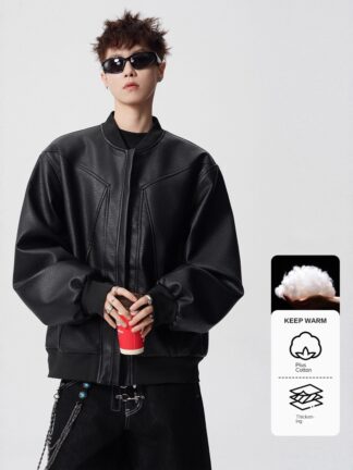 Style Patchwork Baseball Collar Jacket for Men and Women Loose Casual Cotton-Padded Outerwear High Street Streetwear Stand-Up Collar Leather Jacket