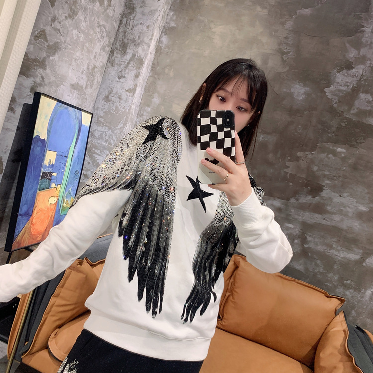Autumn and winter luxury fashion hoodie for men and women, heavy-duty hot stamping, full diamond, large wings, wings, round neck pullover, couple style - Image 5