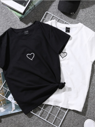 Summer Couples Lovers T-Shirt For Women Casual White Tops Tshirt Women T Shirt Love Heart Embroidery Print T-Shirt Female