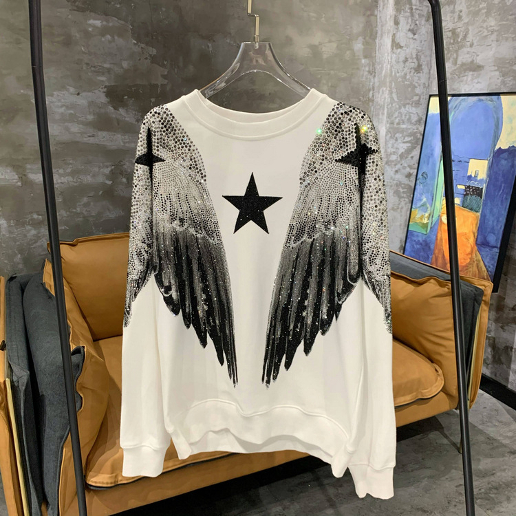 Autumn and winter luxury fashion hoodie for men and women, heavy-duty hot stamping, full diamond, large wings, wings, round neck pullover, couple style - Image 3