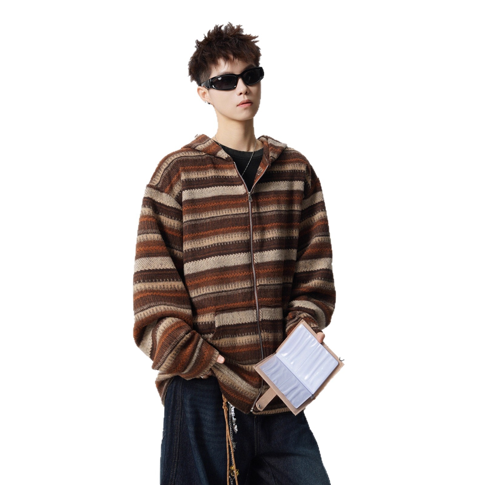 Brown Vintage Stripe Spliced Hoodie Unisex Autumn Winter Fashion Brand Loose Casual Couple Long Sleeve Outerwear - Image 5