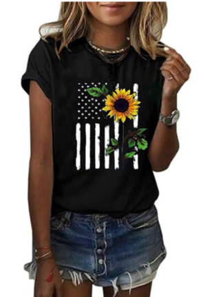 Summer Independence Day Sunflower Print T-Shirt Short Sleeve Crew Neck T-Shirt Women's Top
