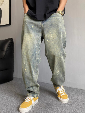 Style Winter Casual Streetwear Washed Vintage Splatter Denim Pants Men Straight Loose Oversize Versatile Tapered Jeans