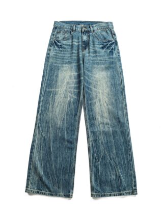 Lightning Crack Pattern Distressed Washed Denim High Waist Zipper Jeans