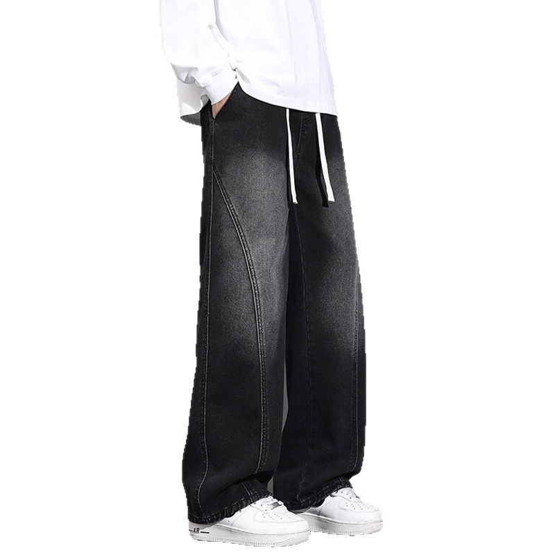 Jeans Men Autumn Winter Loose Straight Leg Pants Vintage Wide Leg Pants Men Youth Asymmetric Deconstruction Trousers - Image 2
