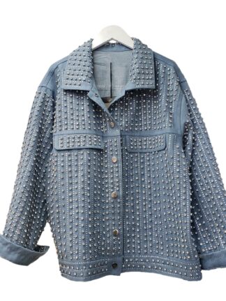 Heavy Work Diamonds Beading Long Sleeve Denim Jacket Women Loose Short Student Cowboy Outerwear Vintage Blue Jeans Jacket Female