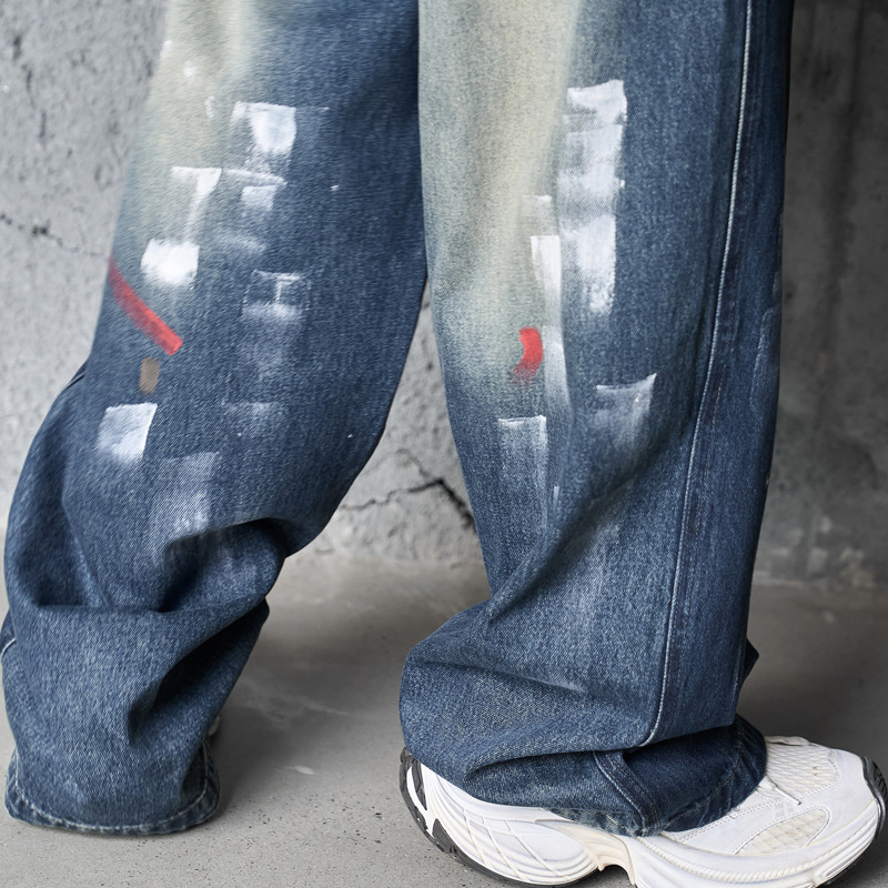 Hip-hop Style Dyed Graffiti Denim Pants for Men and Women, High Street Fashion, Straight Leg, Loose Fit, Casual Long Pants - Image 2