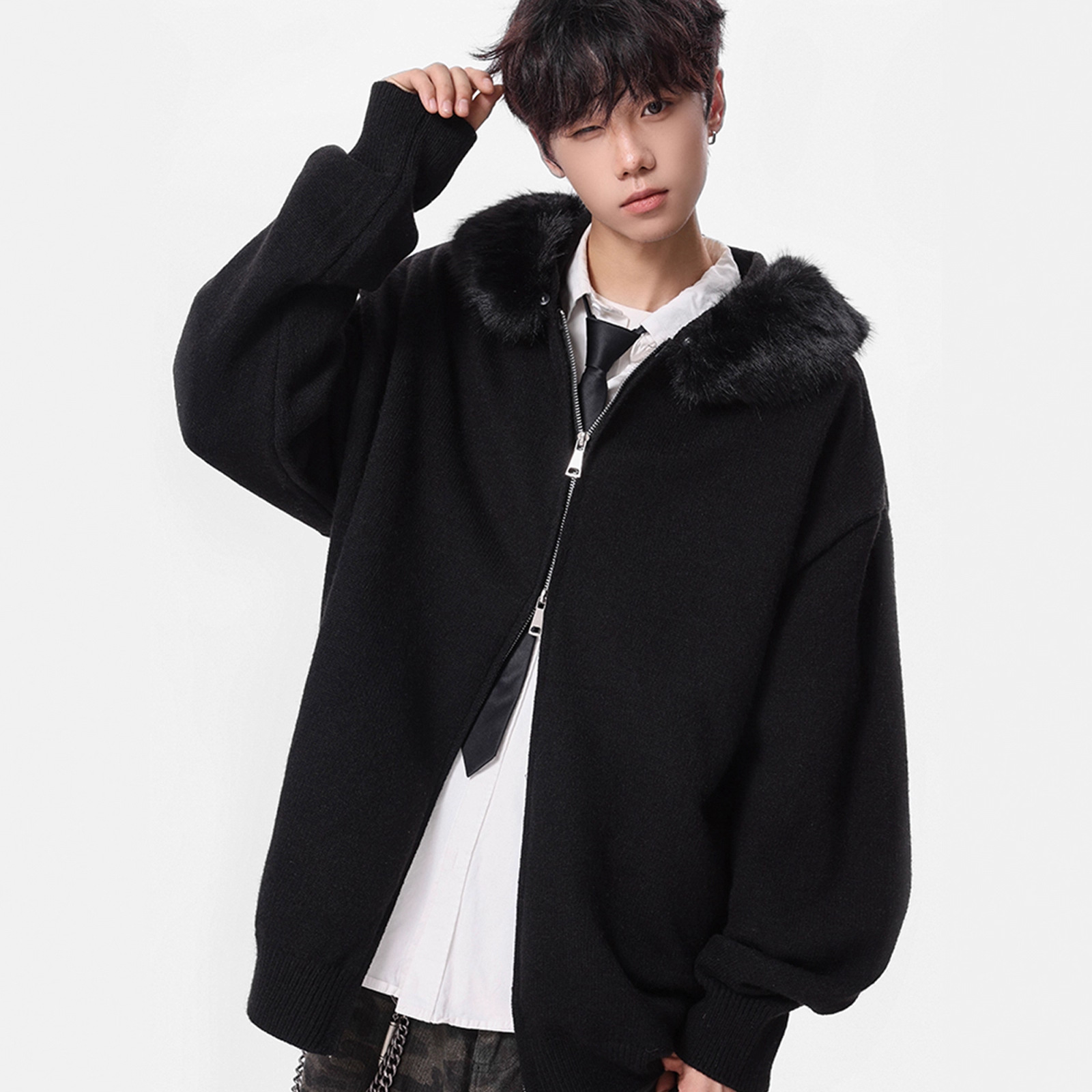 Fashionable Detachable Fur Collar Knit Sweater for Men Winter Double Zipper Open Front Sweater High Street Versatile Couple Jacket - Image 3