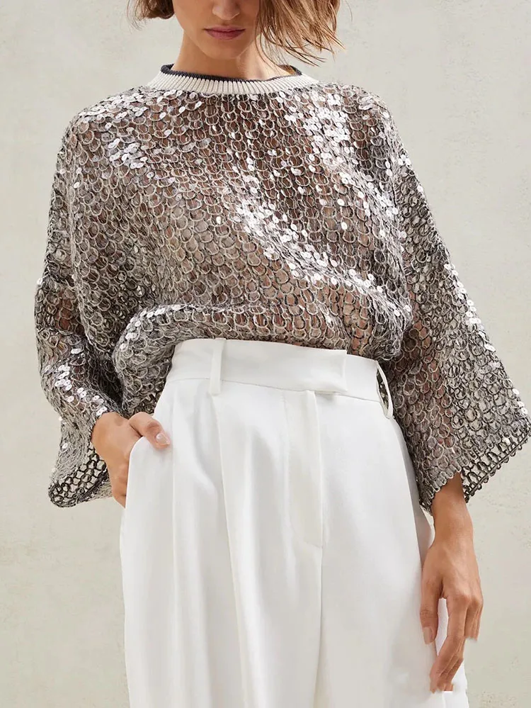 Spring Summer Heavy Fish Scale Sequins Hollow Round Neck Long Sleeve Women's t-shirt Simple Casual top for women - Image 3