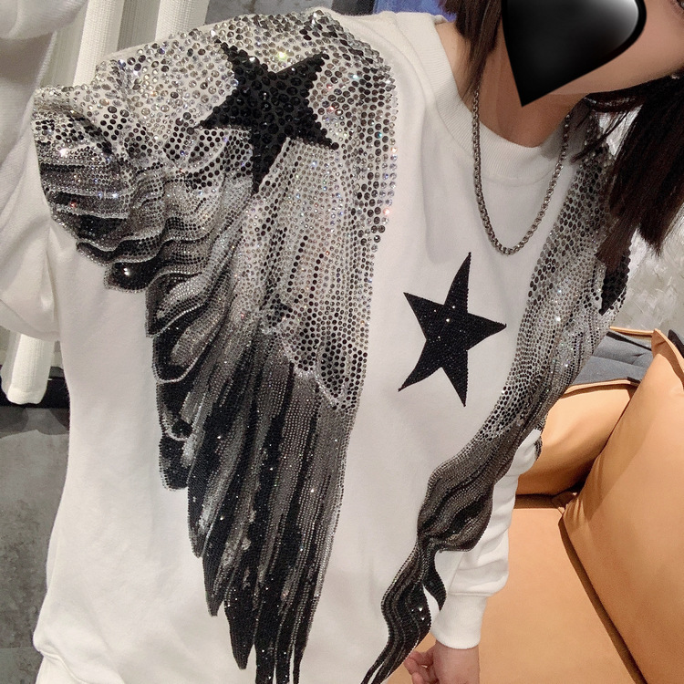 Autumn and winter luxury fashion hoodie for men and women, heavy-duty hot stamping, full diamond, large wings, wings, round neck pullover, couple style - Image 2