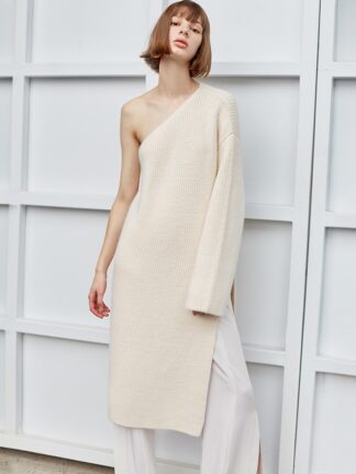 Spring Autumn  Long Sleeve Knitted One Shoulder Sweater Solid Pullover Trendy Women clothes Outwear One Pieces