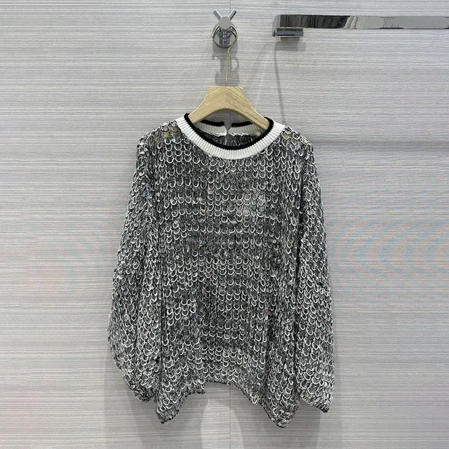 Spring Summer Heavy Fish Scale Sequins Hollow Round Neck Long Sleeve Women's t-shirt Simple Casual top for women - Image 8