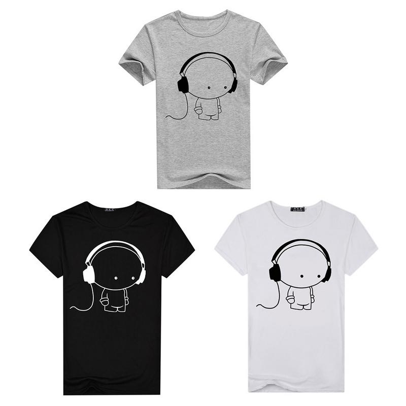 Men Short Sleeve T-Shirt Headphone Man Cartoon Pattern Print T-Shirt Fashion Casual Round Neck Slim Fit Top Male - Image 2